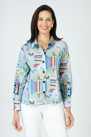 Beau Chemise Melanie Floral Vase Blouse in Multi.  Pointed collar button down with 3/4 sleeve with button cuff.  3 button detail on button placket.  Curved hem front and back. Back yoke with inverted pleat.  Relaxed fit._59635895337326