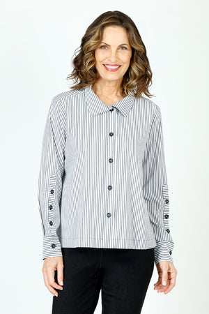 Beau Chemise Melanie Stripe Boxy Top in Black/White.  Pointed collar button down with vertical stripes.  Long sleeves with button cuffs.  3 button detail on sleeve placket.  Back tab with inverted back pleat.  Straight hem.  Boxy fit._59598573207918