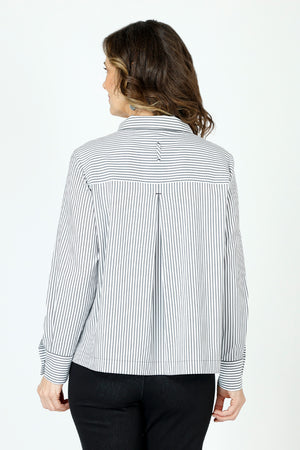 Beau Chemise Melanie Stripe Boxy Top in Black/White.  Pointed collar button down with vertical stripes.  Long sleeves with button cuffs.  3 button detail on sleeve placket.  Back tab with inverted back pleat.  Straight hem.  Boxy fit._59598573142382