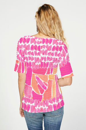 Whimsy Rose Pebble Walk Banded Elbow Sleeve Top in Pink/Orange.  Boatneck, elbow sleeve tee.  Horizontal bands of pleated fabric.  Contrasting print on back.  Fused seams.  Straight hem.  Relaxed fit._59784330772846