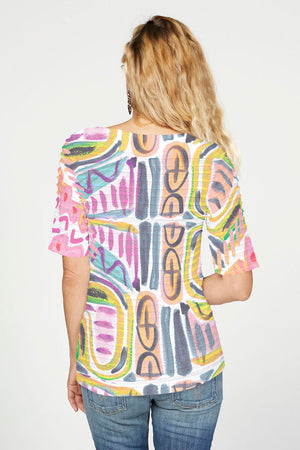 Whimsy Rose Musical Dance Banded Tee in Multi.  Bright pastels abstract print.  Boat neck, elbow sleeve tee.  Horizontal bands of pleated fabric.  Straight hem.  Fused seams.  Relaxed fit._59784360624494