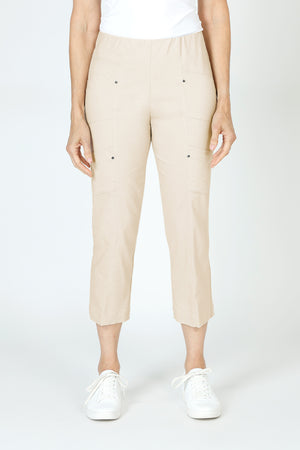 Elliott Lauren Slant Pocket Crop Cargo Pant in Chino.  Pull on pant with hidden elastic waistband.  Slant front cargo pockets.  2nd cargo pocket on side.  Stud detail.  Center seam detail.  24 1/2" inseam. _59635533119854