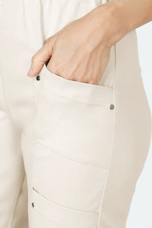 Elliott Lauren Slant Pocket Crop Cargo Pant in Chino.  Pull on pant with hidden elastic waistband.  Slant front cargo pockets.  2nd cargo pocket on side.  Stud detail.  Center seam detail.  24 1/2" inseam. _59635533283694