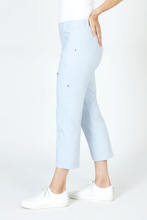 Elliott Lauren Slant Pocket Crop Cargo Pant in Frost blue.  Pull on pant with hidden elastic waistband.  Slant front cargo pockets.  2nd cargo pocket on side.  Stud detail.  Center seam detail.  24 1/2" inseam. _59635533087086