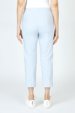 Elliott Lauren Slant Pocket Crop Cargo Pant in Frost blue.  Pull on pant with hidden elastic waistband.  Slant front cargo pockets.  2nd cargo pocket on side.  Stud detail.  Center seam detail.  24 1/2" inseam. _59635533185390