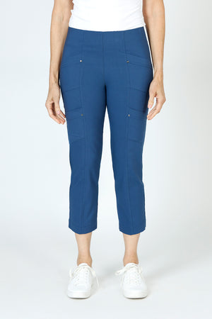 Elliott Lauren Slant Pocket Crop Cargo Pant in Marine blue.  Pull on pant with hidden elastic waistband.  Slant front cargo pockets.  2nd cargo pocket on side.  Stud detail.  Center seam detail.  24 1/2" inseam. _59635533218158