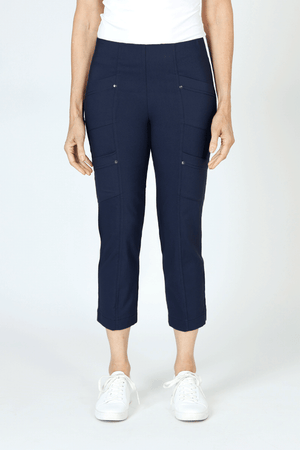 Elliott Lauren Slant Pocket Crop Cargo Pant in Navy.  Pull on pant with hidden elastic waistband.  Slant front cargo pockets.  2nd cargo pocket on side.  Stud detail.  Center seam detail.  24 1/2" inseam. _59670223585646