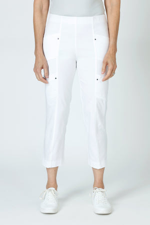 Elliott Lauren Slant Pocket Crop Cargo Pant in White.  Pull on pant with hidden elastic waistband.  Slant front cargo pockets.  2nd cargo pocket on side.  Stud detail.  Center seam detail.  24 1/2" inseam. _59635533021550