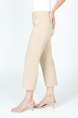 Elliott Lauren Classic Cargo Pant in Chino.  Pull on pant with hidden elastic waist.  Center seams front and back.  Front cargo pockets with stud detail.  Slim leg.  Inseam: 24 1/2"_59519366365550