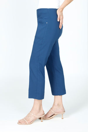 Elliott Lauren Classic Cargo Pant in Marine Blue.  Pull on pant with hidden elastic waist.  Center seams front and back.  Front cargo pockets with stud detail.  Slim leg.  Inseam: 24 1/2"_59519366267246