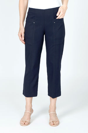 Elliott Lauren Classic Cargo Pant in Navy.  Pull on pant with hidden elastic waist.  Center seams front and back.  Front cargo pockets with stud detail.  Slim leg.  Inseam: 24 1/2"_59519366168942