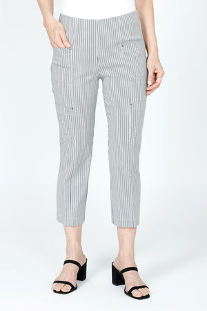 Elliott Lauren Stripe Crop Cargo Pant in Black & White vertical stripes.  Pull on pant with hidden elastic waist.  Double cargo pockets with stud detail.  Straight leg.  23 1/2" inseam._59516858401134