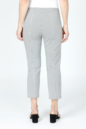 Elliott Lauren Stripe Crop Cargo Pant in Black & White vertical stripes.  Pull on pant with hidden elastic waist.  Double cargo pockets with stud detail.  Straight leg.  23 1/2" inseam._59516858335598