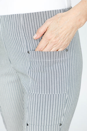 Elliott Lauren Stripe Crop Cargo Pant in Black & White vertical stripes.  Pull on pant with hidden elastic waist.  Double cargo pockets with stud detail.  Straight leg.  23 1/2" inseam._59516858433902