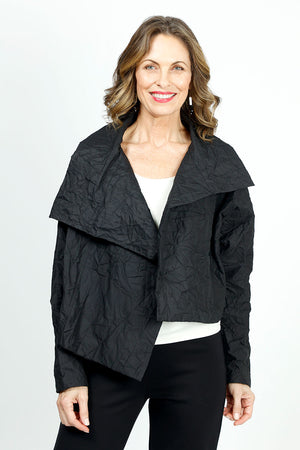 Planet Crushed Nylon Asymmetric Jacket in Black.  Open wide collar crinkle nylon jacket.  Long sleeves.  Asymmetric hem.  Oversized fit._36064588071112