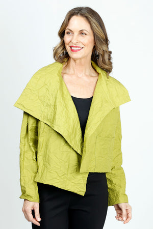 Planet Crushed Nylon Asymmetric Jacket in Guacamole.  Open wide collar crinkle nylon jacket.  Long sleeves.  Asymmetric hem.  Oversized fit._36064588136648