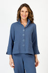 Habitat Crinkle Swing Jacket in Indigo.  Crinkle fabric.  Adjustable wire collar button down with novelty buttons.  2 front angled pockets with button detail. 3/4 sleeve with split cuff and single button detail.  Back yoke and inverted back pleat.  Relaxed fit._t_59821382893934