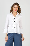 Habitat Crinkle Swing Jacket in White.  Crinkle fabric.  Adjustable wire collar button down with novelty buttons.  2 front angled pockets with button detail. 3/4 sleeve with split cuff and single button detail.  Back yoke and inverted back pleat.  Relaxed fit._t_59821382959470