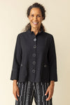 Habitat Crinkle Swing Jacket in Black.  Crinkle fabric.  Adjustable wire collar button down with novelty buttons.  2 front angled pockets with button detail. 3/4 sleeve with split cuff and single button detail.  Back yoke and inverted back pleat.  Relaxed fit._t_59770222739822