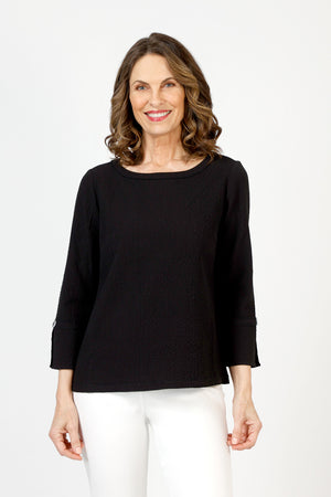 Habitat Crinkle Flutter Sleeve Top in Black.  Crinkle fabric.  Crew neck 3/4 sleeve top with tulip cuff and button detail at cuff.  Straight hem.  Relaxed fit._59821378503022