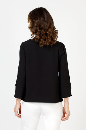 Habitat Crinkle Flutter Sleeve Top in Black.  Crinkle fabric.  Crew neck 3/4 sleeve top with tulip cuff and button detail at cuff.  Straight hem.  Relaxed fit._59821378535790