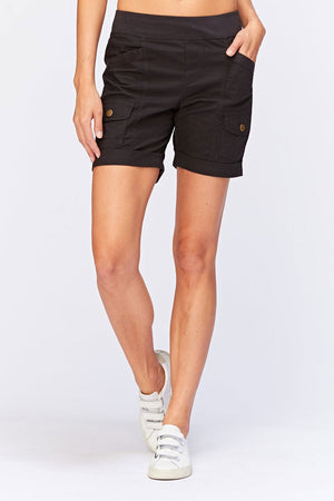 Wearables Clarissa Short in Black.  Pull on short with jersey waistband.  Poplin body with 2 front slash pockets and 2 cargo pockets on leg.  7" inseam.  _35797327380680