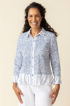 Habitat Crinkle Floral Flounce Shirt in White.  Mixed prints.  Body is miniature floral print. 3/4 floral print sleeve. Line print pointed collar, button placket, flounce hem inset and flounce cuff.  A line shape. Relaxed fit. _t_59770477085038