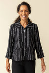 Habitat Crinkle Tulip Hem Swing Jacket in Black/White.  Vertical line print.  Spread collar button down with horizontal waist seaming.  3/4 sleeve with split tulip hem.  Side hem tulip shaping with button trim.  Hidden front welt pockets.  Back yoke. Inverted pleat.  Swing shape. Relaxed fit._t_59770841760110