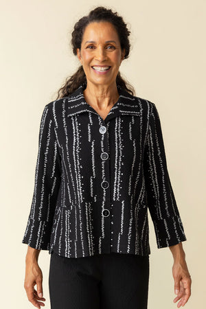 Habitat Crinkle Tulip Hem Swing Jacket in Black/White.  Vertical line print.  Spread collar button down with horizontal waist seaming.  3/4 sleeve with split tulip hem.  Side hem tulip shaping with button trim.  Hidden front welt pockets.  Back yoke. Inverted pleat.  Swing shape. Relaxed fit._59770841760110