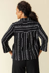 Habitat Crinkle Tulip Hem Swing Jacket in Black/White.  Vertical line print.  Spread collar button down with horizontal waist seaming.  3/4 sleeve with split tulip hem.  Side hem tulip shaping with button trim.  Hidden front welt pockets.  Back yoke. Inverted pleat.  Swing shape. Relaxed fit._t_59770841727342