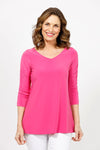 Sympli Revelry Ruched Sleeve Top in Peony. V neck 3/4 sleeve with ruched detail down center sleeve. Side slits. A line shape. Relaxed fit._t_36063903514824