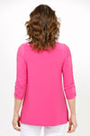 Sympli Revelry Ruched Sleeve Top in Peony. V neck 3/4 sleeve with ruched detail down center sleeve. Side slits. A line shape. Relaxed fit._t_36063903547592