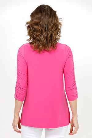 Sympli Revelry Ruched Sleeve Top in Peony. V neck 3/4 sleeve with ruched detail down center sleeve. Side slits. A line shape. Relaxed fit._36063903547592