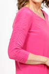 Sympli Revelry Ruched Sleeve Top in Peony. V neck 3/4 sleeve with ruched detail down center sleeve. Side slits. A line shape. Relaxed fit._t_36063903580360