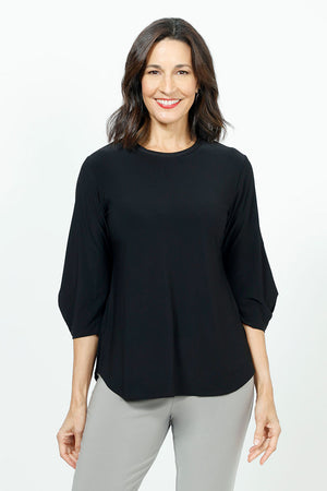 Sympli Classic Fit Lantern Top in Black.  Banded crew neck with 3/4 lantern sleeve.  Curved hem.  Relaxed fit._52882813452654