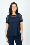 Honeycomb Boxy Top in Navy.  Open weave body.  Dolman short sleeves.  Solid jersey trim at crew neck, hem, shoulder and cuff.  Boxy shape. Relaxed fit._t_59772247671150