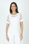 Honeycomb Boxy Top in White.  Open weave body.  Dolman short sleeves.  Solid jersey trim at crew neck, hem, shoulder and cuff.  Boxy shape. Relaxed fit._t_59772247802222