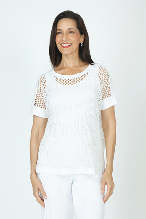 Honeycomb Boxy Top in White.  Open weave body.  Dolman short sleeves.  Solid jersey trim at crew neck, hem, shoulder and cuff.  Boxy shape. Relaxed fit._59772247802222