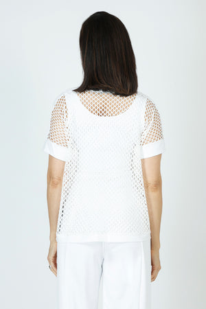 Honeycomb Boxy Top in White.  Open weave body.  Dolman short sleeves.  Solid jersey trim at crew neck, hem, shoulder and cuff.  Boxy shape. Relaxed fit._59772247638382