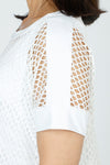 Honeycomb Boxy Top in White.  Open weave body.  Dolman short sleeves.  Solid jersey trim at crew neck, hem, shoulder and cuff.  Boxy shape. Relaxed fit._t_59772247736686