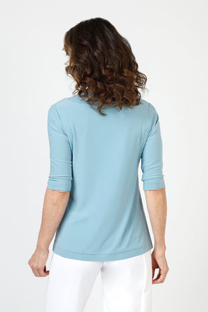 Sympli Splice V Neck Go To Top in Stone Blue.  Double layer v neck top.  Elbow length sleeve with double layer cuff.  Double layer at hem.  Raw edges.  A line shape.  Relaxed fit._59821469303150