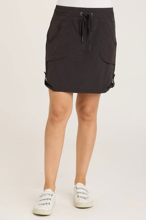 Wearables Jett Skort in Black.  Drawstring waist skirt with front pouch pockets and snap tab detail at side hem.  Attached short.  Skirt has 19" inseam: short: 3"_59448033247598