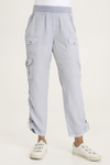 XCVI Sonova Pant in Spry Blue.  Pull on pant with terry elastic waist.  Front slash pockets.  Double cargo pockets with snap closures.  2 back snap flap pockets. Cinchable side seams with toggle closure.  Inseam: 28 1/2"._t_59594316677486