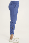 XCVI Otish Pant in Stellar Blue.  Pull on pant with jersey waistband and poplin body.  2 front slash pockets with curved raw edge and grommet detail. 2 back patch pockets.  Front and back center seams.  Side cinch cord with toggle closure.  28" inseam._t_59594384703854