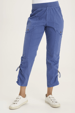 XCVI Otish Pant in Stellar Blue.  Pull on pant with jersey waistband and poplin body.  2 front slash pockets with curved raw edge and grommet detail. 2 back patch pockets.  Front and back center seams.  Side cinch cord with toggle closure.  28" inseam._59594384802158