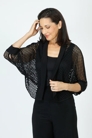 Sympli Honeycomb Shrug in Black.  Open front honeycomb weave shrug with dolman 3/4 sleeve.  Solid jersey front placket and cuff. Lightweight.  Relaxed fit_59726095647086