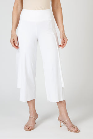 Sympli Splice Double Layer Crop Pant in White.  Pull on pant with drop waistband.  Inset side panels with double layer construction.  Top layer is shorter than bottom layer.  Raw edges.  Inseam: 24"_59821454983534