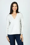 Lolo Luxe V Neck Sparkle Sweater in Sand.  Cotton and metallic thread combined for a subtle glow.  V neck long sleeve sweater.  Rib trim at neck and cuff.  Rolled hem.  Relaxed fit._t_59639339254126