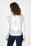 Lolo Luxe Bandanna Print Sweater in White.  Blue bandanna print on white.  Crew neck long sleeve sweater with dropped shoulder.  Curved hem.  Rib trim at neck hem and cuff.  Frayed edges at hem and cuff.  Relaxed fit._t_59844335305070