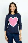 Lolo Luxe Big Heart Crew Sweater in Navy with pink heart edged in light aqua.  Richly dyed knit with crew neck and long sleeves.  Side slits.  Rib trim at neck, hem and cuff.  Relaxed fit._t_59652819091822